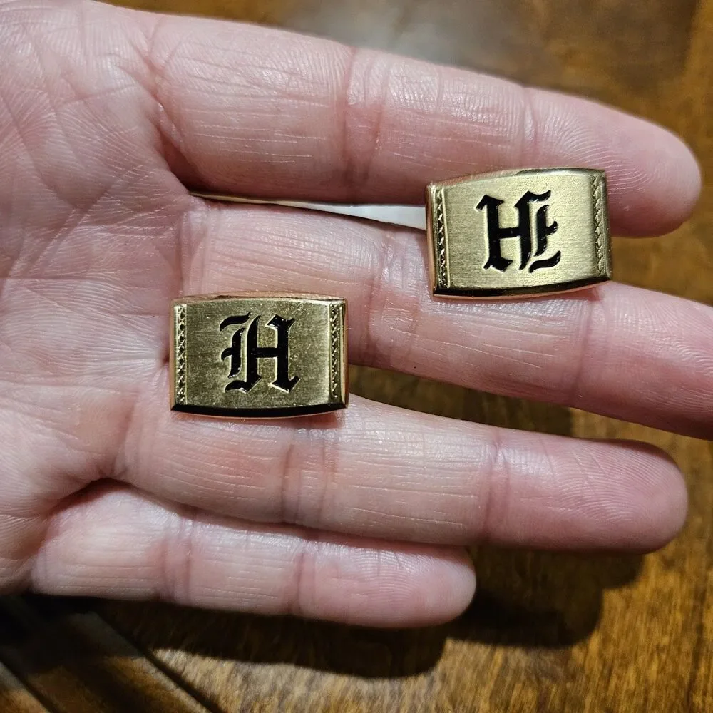 Vintage HICKOK USA Gold Tone Initial F Monogram Cufflinks Classic Men's Letter H